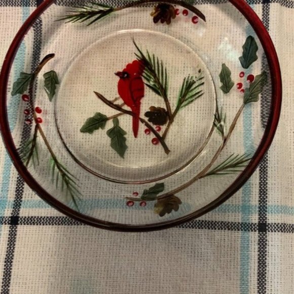 Cardinal & Holly on a Clear Glass Dish with Red Ri - Picture 2 of 11